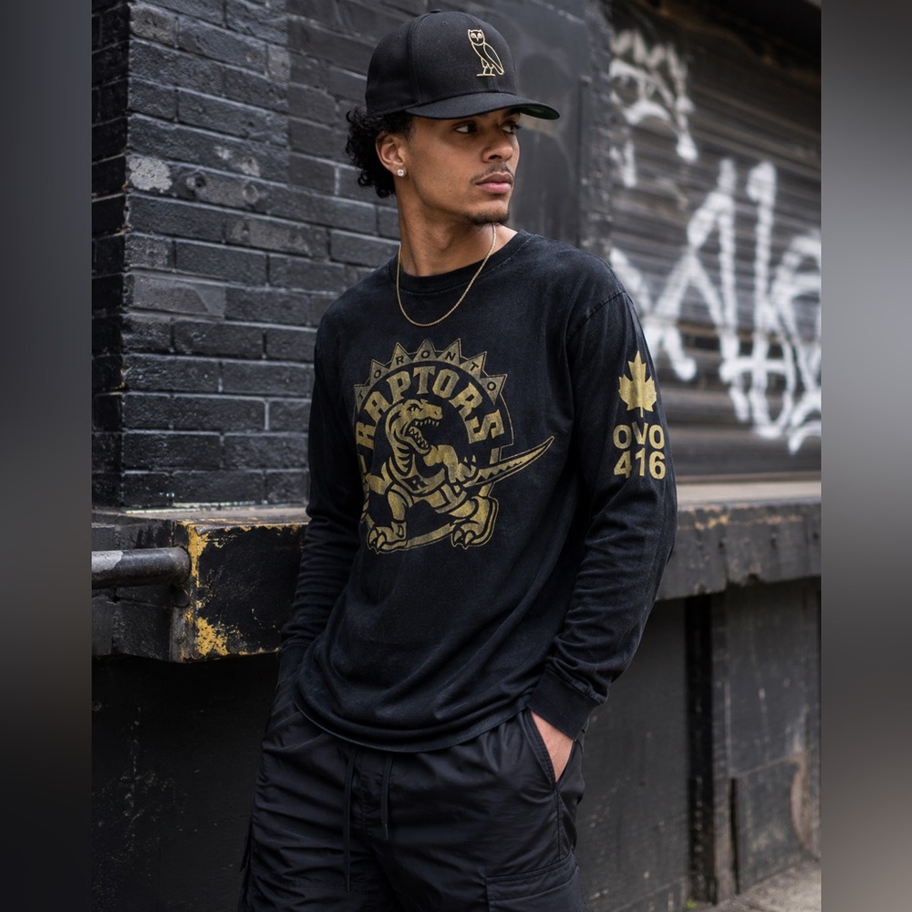 OVO x Toronto Raptors 2014 Drake Night Long Sleeve Shirt M Black Gold 416 Owl